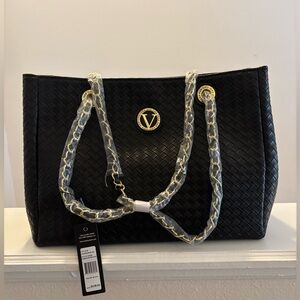V-Emblem Black Woven Tote Bag